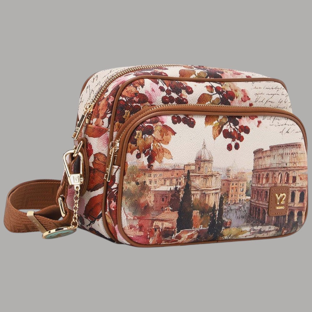 YNot Yes Bag grande tracolla stampa città con dettagli in pelle marrone