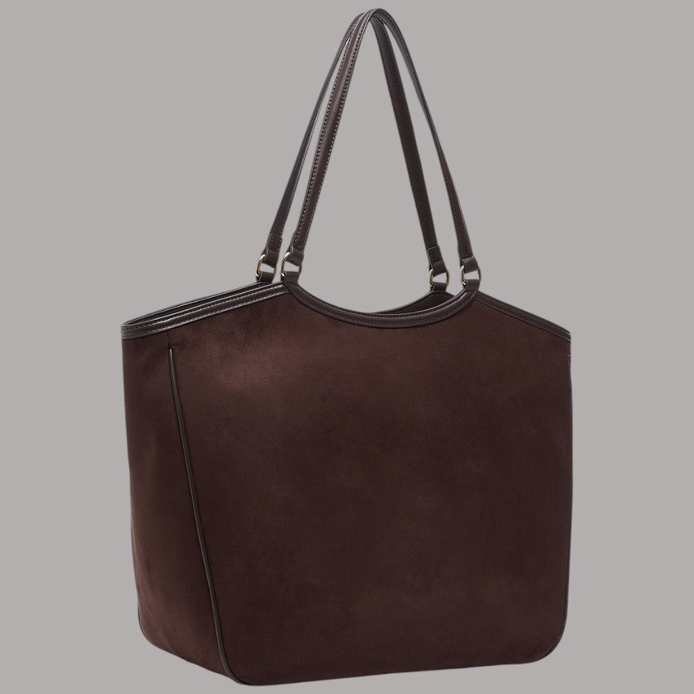 Borsa a spalla Liu Jo tote grande effetto scamosciato marrone con dettagli in pelle
