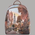 Zaino Ynot con stampa di un canale di Amsterdam e alberi autunnali, vista frontale