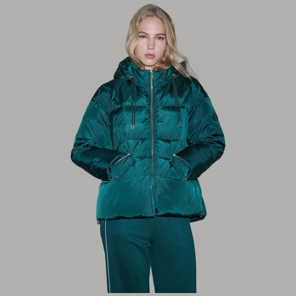 Giubbotto imbottito over size Liu Jo TF6006TS62A in blu smeraldo con cappuccio e zip frontale