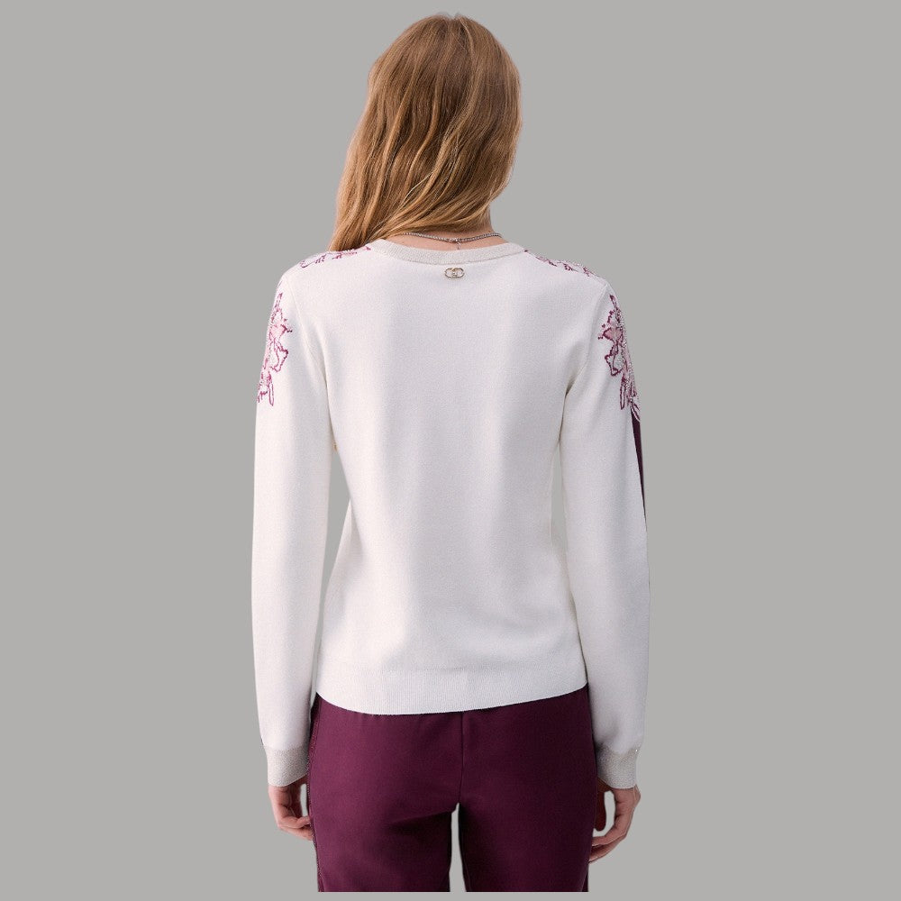 Liu Jo maglia jacquard con dettaglio floreale bianca con ricami viola sul retro