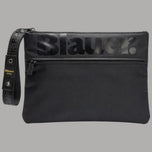Blauer pochette uomo in nylon cerato nero con logo stampato sulla pattina e tracolla con finitura in tessuto nero