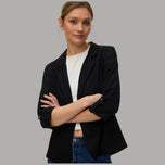 Giacca blazer donna nera in lino e viscosa, manica 3/4, revers e tasche