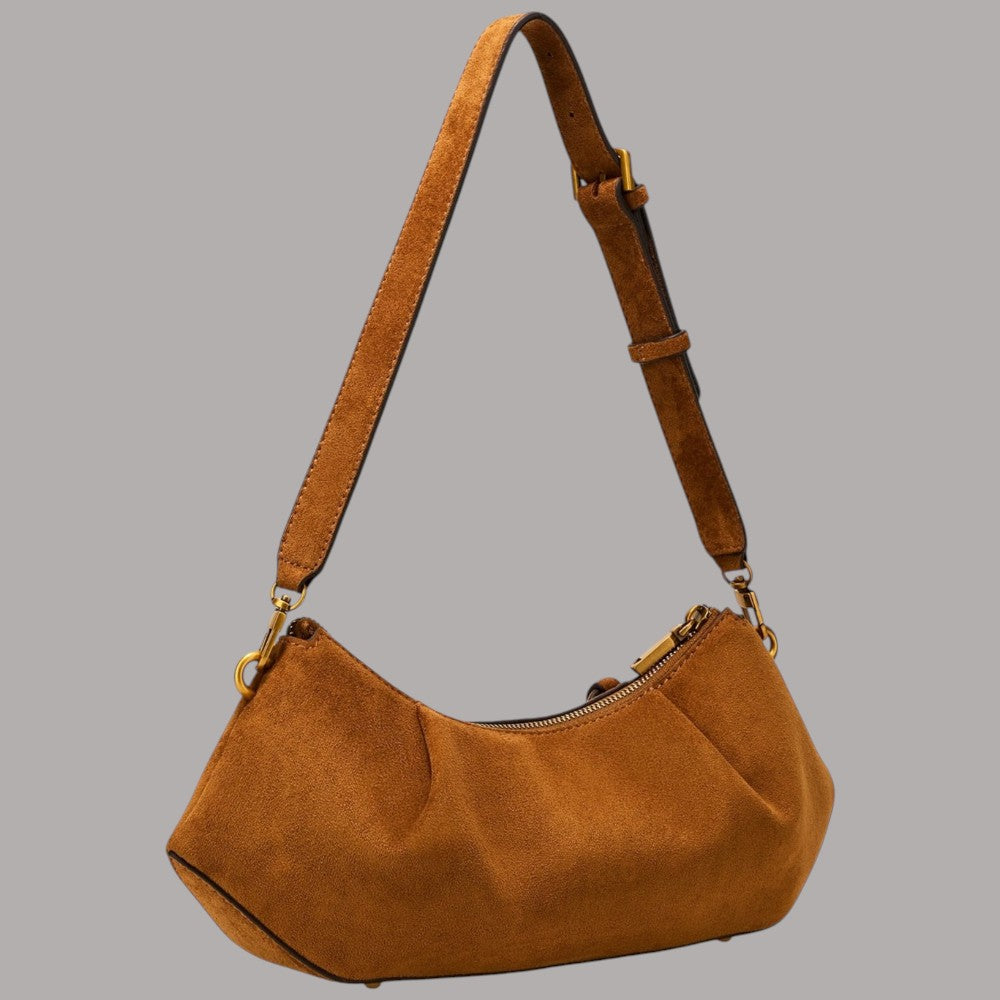 Borsa a spalla Guess Allegra in camoscio marrone con dettagli in oro