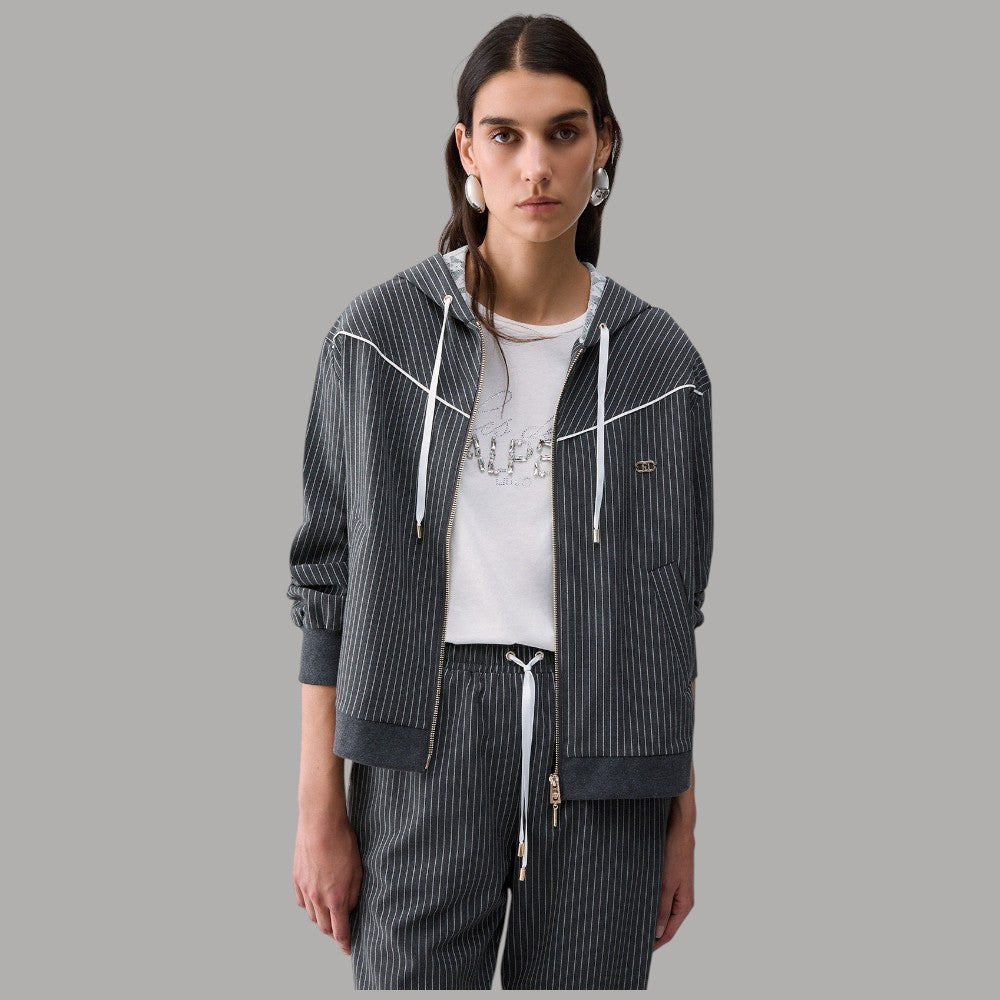 Felpa con cappuccio Liu Jo TF6200T691A in tessuto grigio con dettagli bianchi e zip frontale