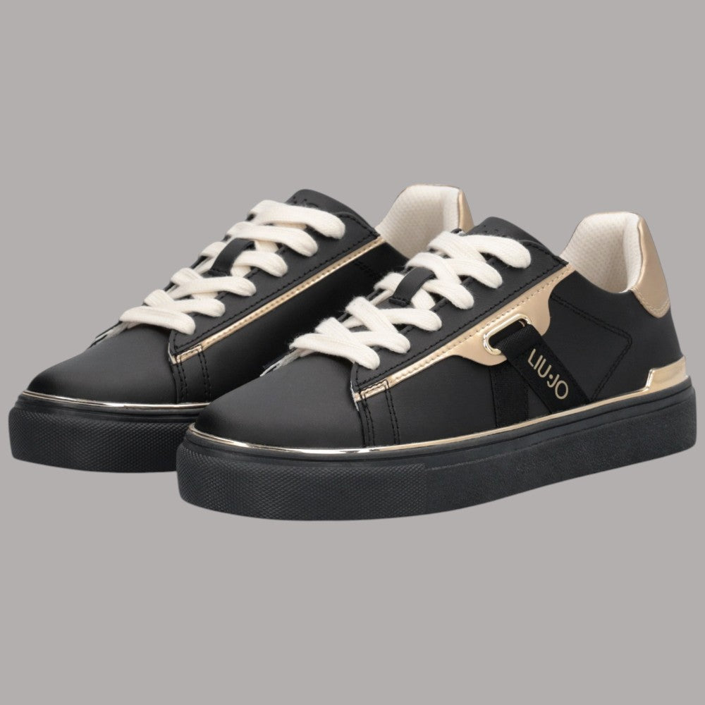 Sneakers Liu Jo Kiki 04 in pelle nera con inserto laminato beige e dettagli dorati