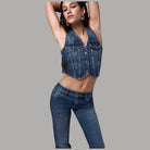Jeans bootcut Liu Jo blu a vita bassa, vista frontale della vita e delle tasche