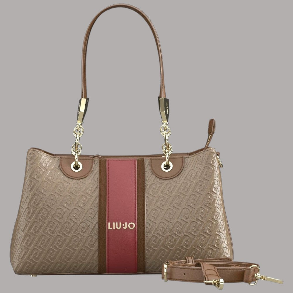 Borsa Liu Jo beige con dettaglio in rosa e tracolla removibile, stampa logo