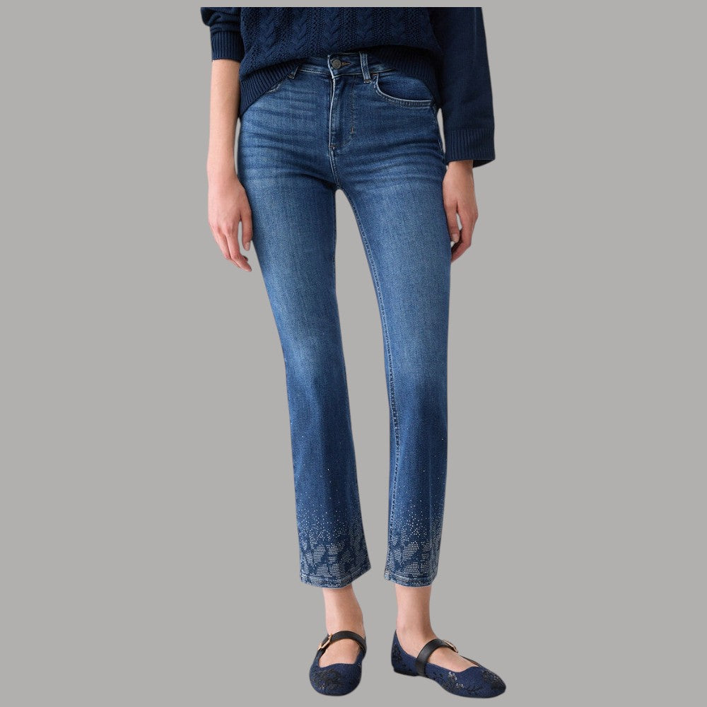 Jeans Liu Jo blu a vita alta, gamba bootcut e strass decorativi sul fondo