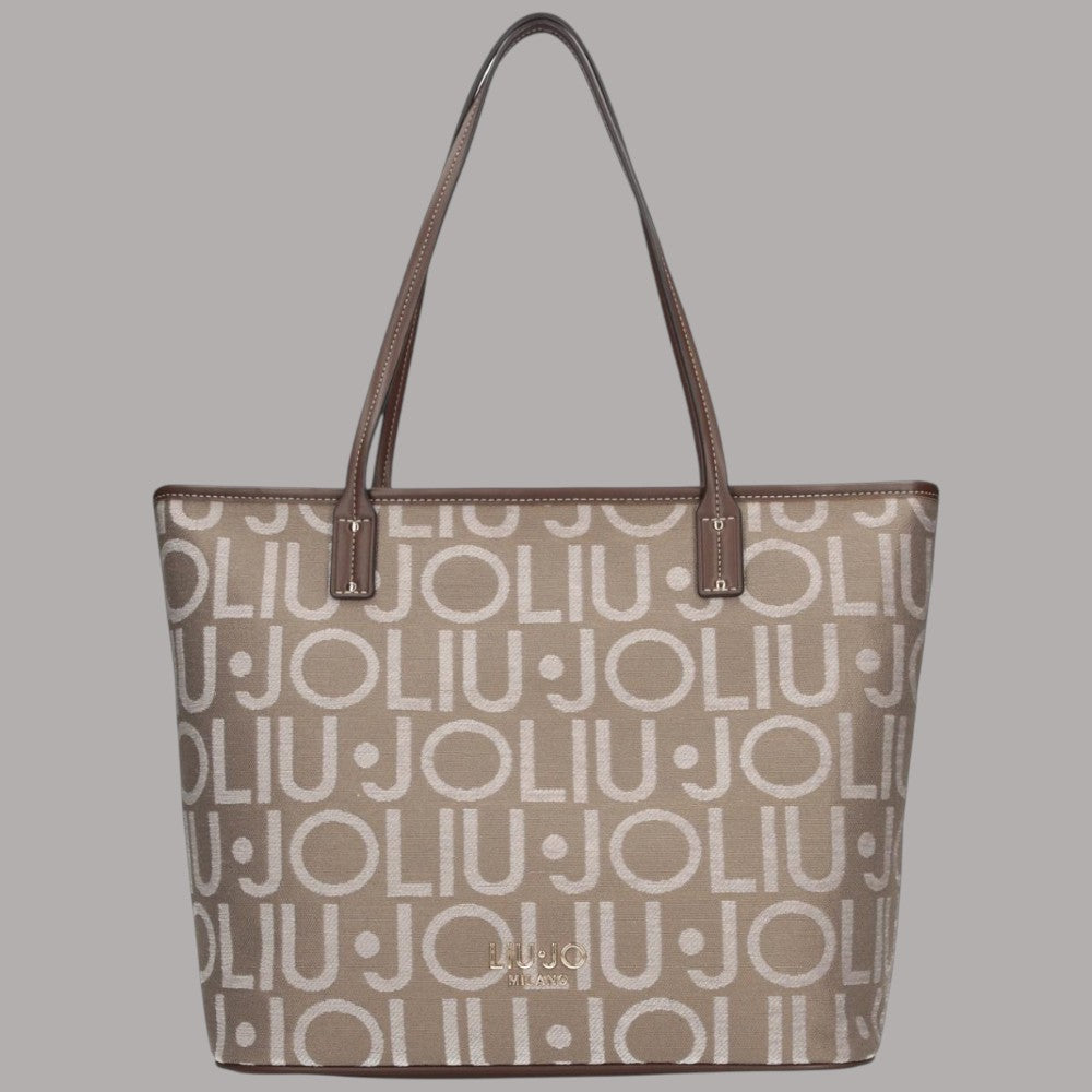 Borsa Liu Jo shopper tote media logo all over beige e marrone with dettagli in pelle