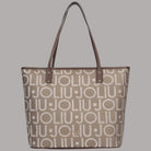 Borsa Liu Jo shopper tote media logo all over beige e marrone with dettagli in pelle