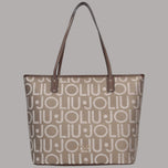 Borsa Liu Jo shopper tote media logo all over beige e marrone with dettagli in pelle