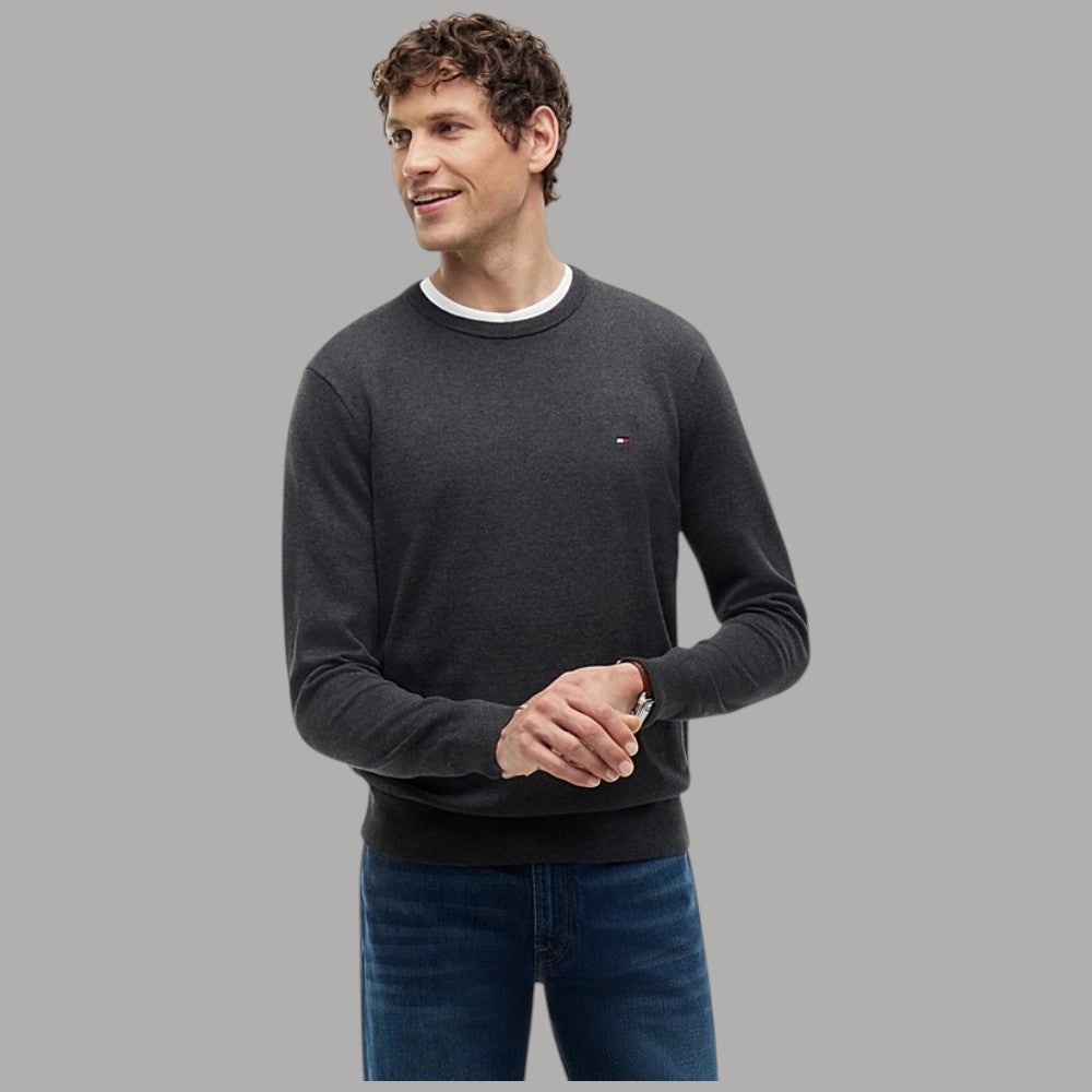 Pullover girocollo Tommy Hilfiger in cotone grigio scuro, logo bandierina sul petto