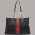 Borsa tote Liu Jo con logo embossed, dettagli in marrone e rosso, texture geometrica nera