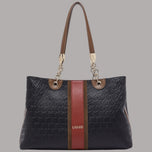 Borsa tote Liu Jo con logo embossed, dettagli in marrone e rosso, texture geometrica nera