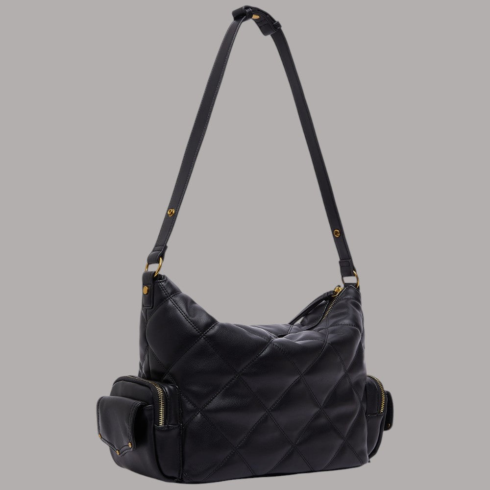 Borsa hobo media Liu Jo in matelassè nera con dettagli dorati e tasche laterali