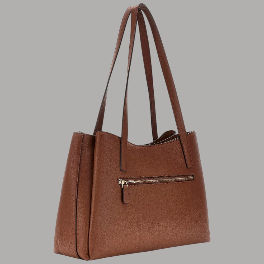 Borsa tote cognac con tasca frontale con zip e manici lunghi, tre scomparti