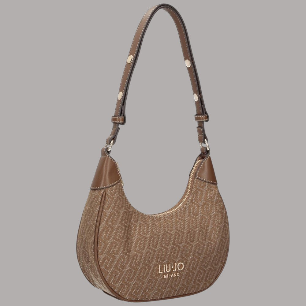 Borsa a tracolla Liu Jo Small naturale in jacquard monogramma, scritta LIUJO MILANO
