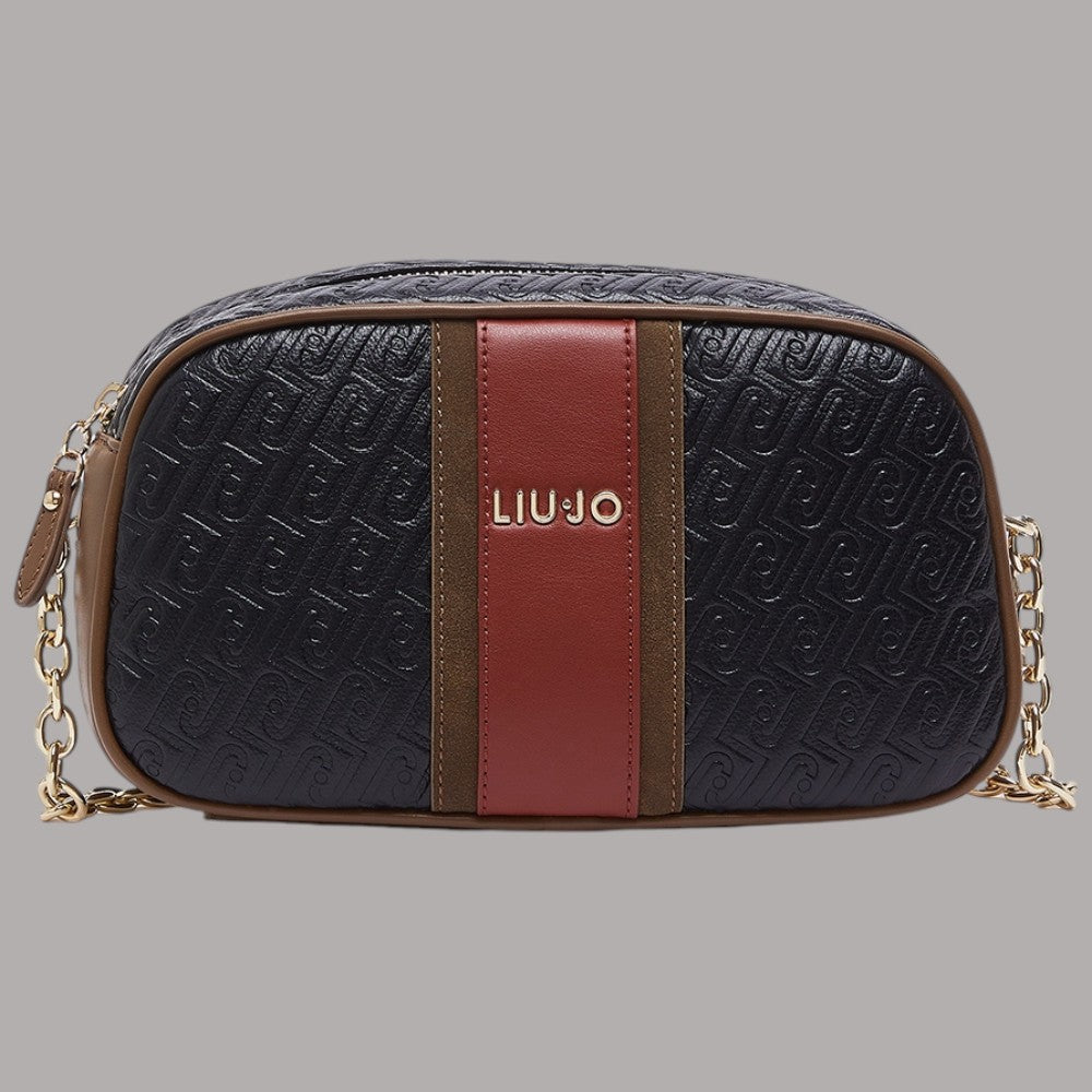 Borsa a tracolla media nera effetto micro bottalato, inserti marroni e rosso, logo LIUJO
