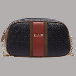 Borsa a tracolla media nera effetto micro bottalato, inserti marroni e rosso, logo LIUJO