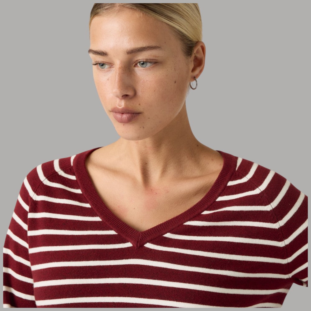 LEVI'S pullover scollo a V, motivo a righe bordeaux e bianco
