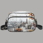 YNot Yes Bag grande tracolla con stampa città e dettagli autunnali, vista frontale