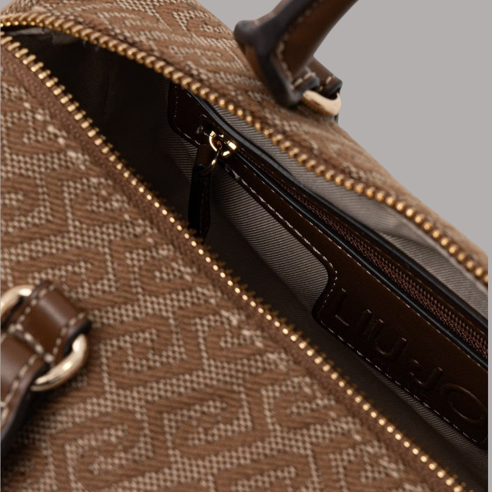 Borsa bauletto piccola beige con motivo monogramma all-over e zip dorata