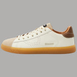 Sneaker BLAUER in pelle e suede crema, suola ambra e inserti marrone