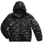 Piumino nero imbottito con cappuccio, zip centrale e tasche