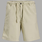 Bermuda in canvas beige con elastico in vita e coulisse, chiusura con bottone.