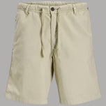 Bermuda in canvas beige con elastico in vita e coulisse, chiusura con bottone.