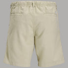 Bermuda in canvas beige con elastico in vita e coulisse, tasche posteriori.