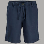 Bermuda in canvas blu scuro con elastico in vita e coulisse, tasche frontali.