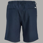Bermuda in canvas blu scuro con elastico in vita e coulisse, tasche posteriori.