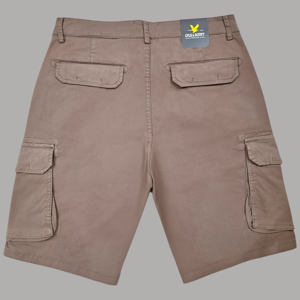 Bermuda cargo cotone fango chiaro, tasche laterali con patta, cucitura centrale