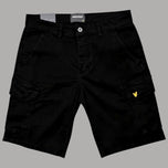 Bermuda cargo cotone nero, tasche laterali con patta, logo gamba