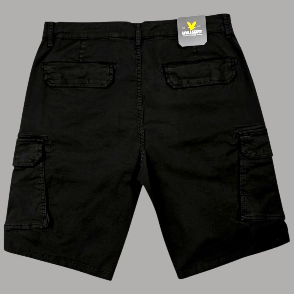 Bermuda cargo cotone nero, tasche grandi frontali e laterali con patta