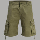 Pantaloncini cargo in cotone verde oliva con tasche laterali e coulisse ai lati