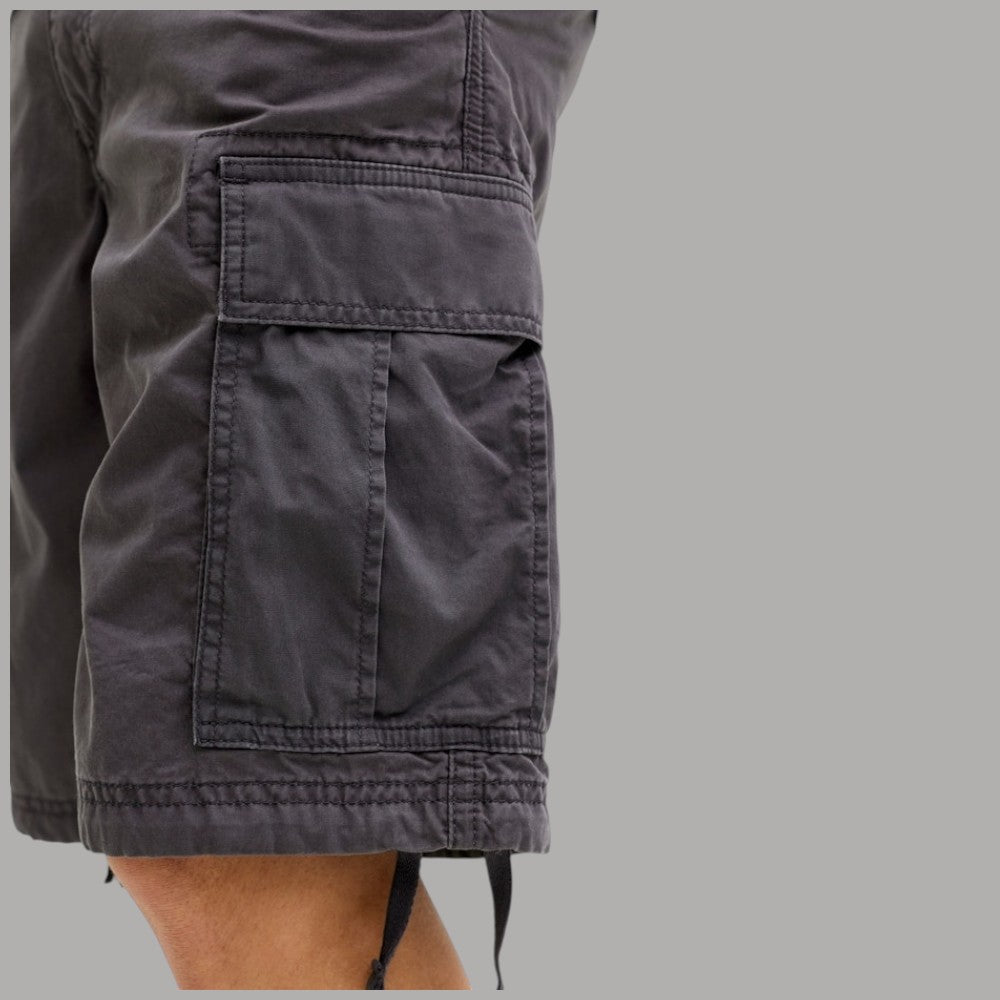Bermuda cargo cotone grigio scuro, tasca cargo frontale con patta e laccetto