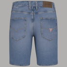 Bermuda in denim blu con tasche anteriori e logo triangolare sul taschino