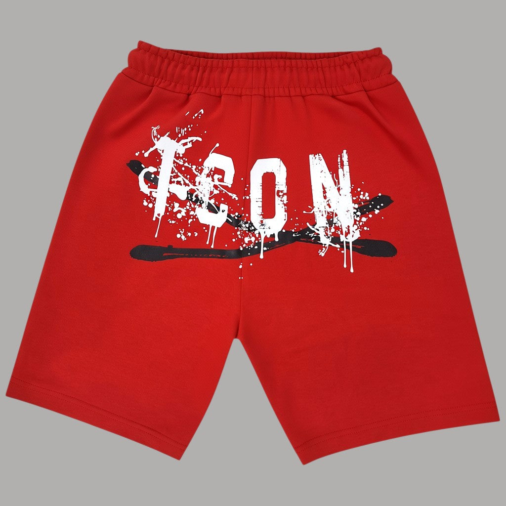 Pantaloncini felpa rossi con stampa frontale bianca e cintura elasticizzata