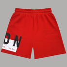 Bermuda felpa rossa con stampa grande ICON e logo BE ICONIC sul lato inferiore