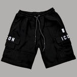 Bermuda uomo nero in cotone con coulisse, fascia elastica e tasche cargo con logo