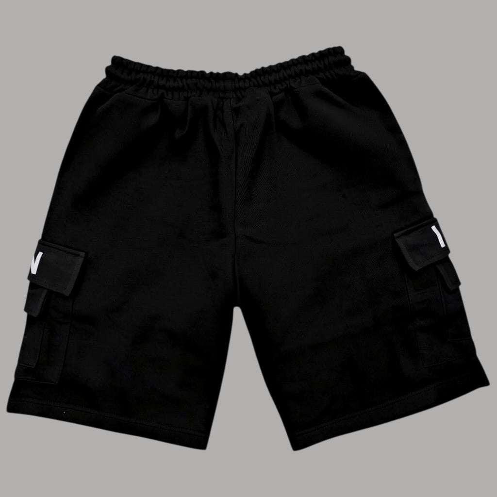 Bermuda uomo nero in cotone con coulisse, elastico in vita e tasche cargo laterali
