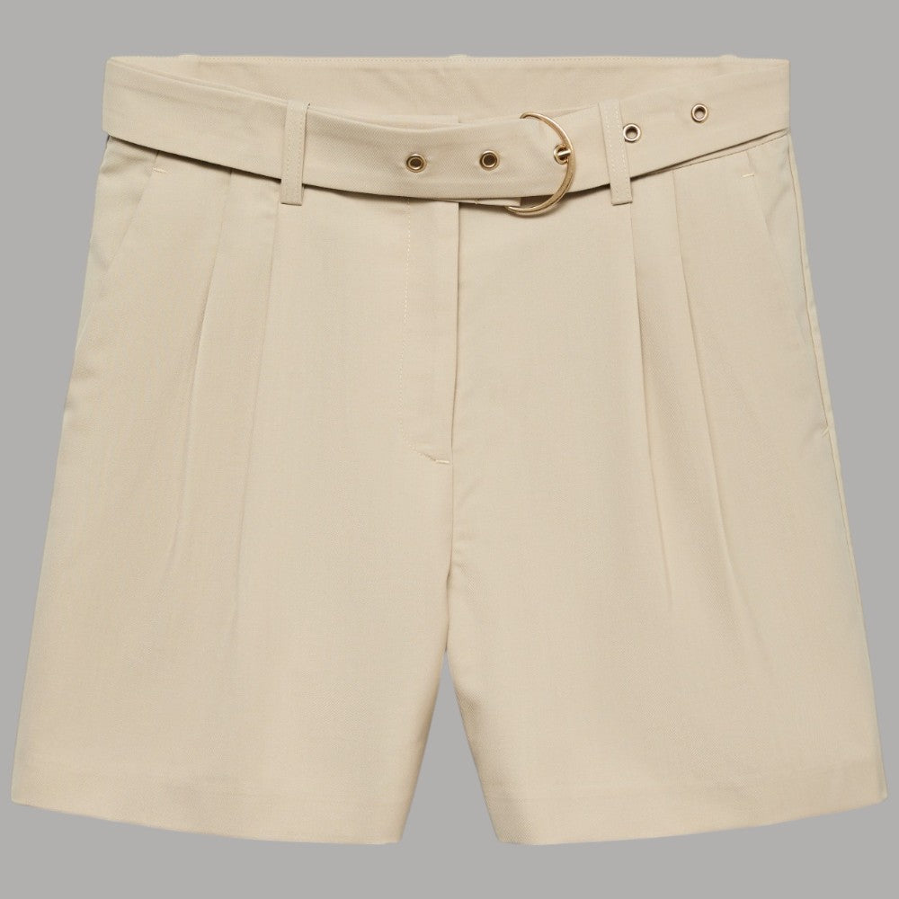 Pantaloncini bermuda beige a vita alta con cintura ad anello e chiusura a bottoni