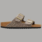 Sandali Birkenstock Arizona grigi leopardati, fibbie oro, suola in sughero