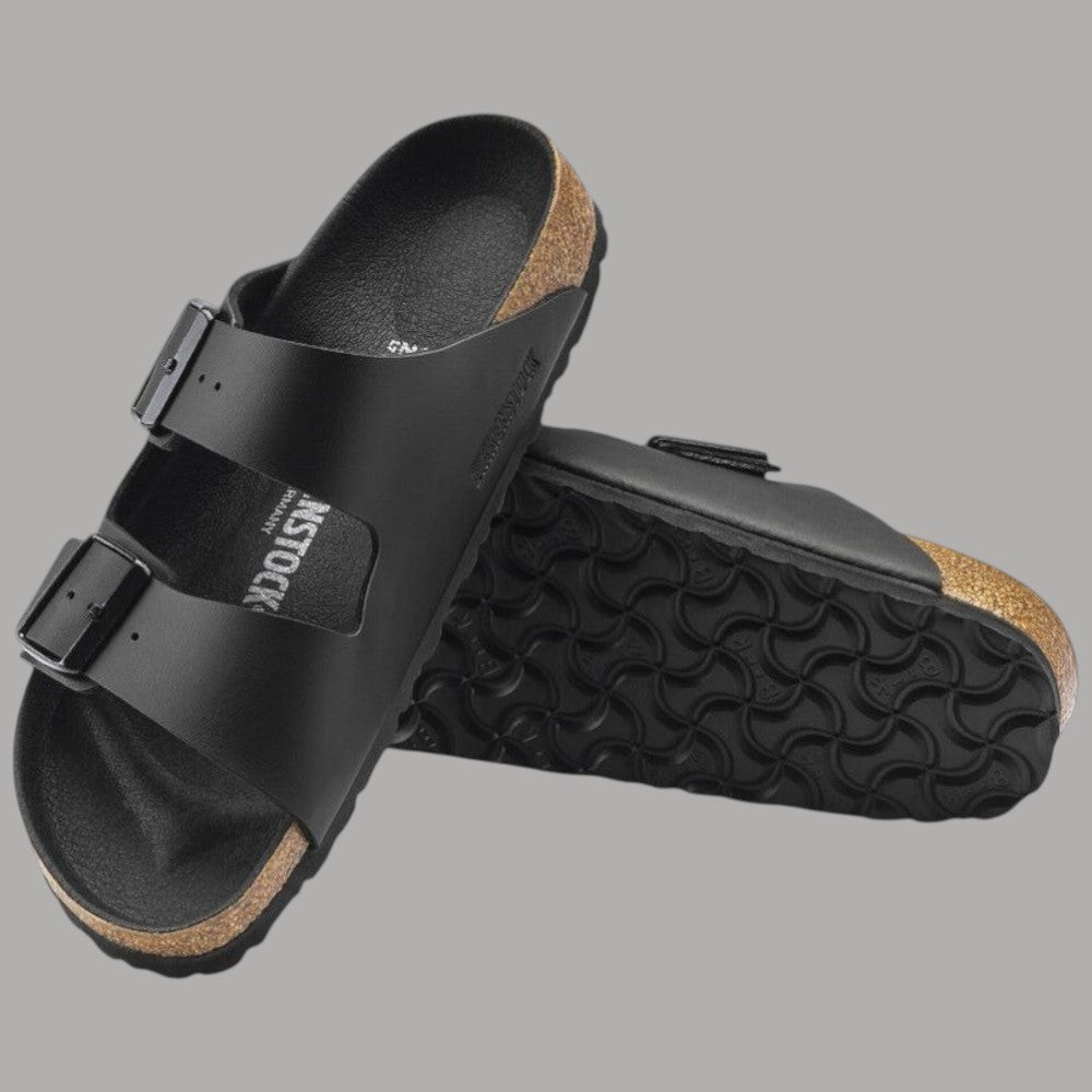 Ciabatte Birkenstock Arizona nere con suola posteriore testurizzata e bordi in sughero