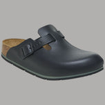Birkenstock sandali chiusi in pelle neri con fibbia e plantare in sughero visibile