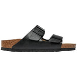 Ciabatta Birkenstock Arizona in Birko Flor nero con fibbie e suola nera.