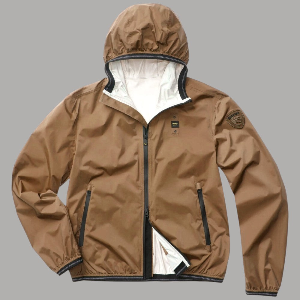 Giacca a vento uomo color bronzo in nylon, cappuccio e zip centrale scura